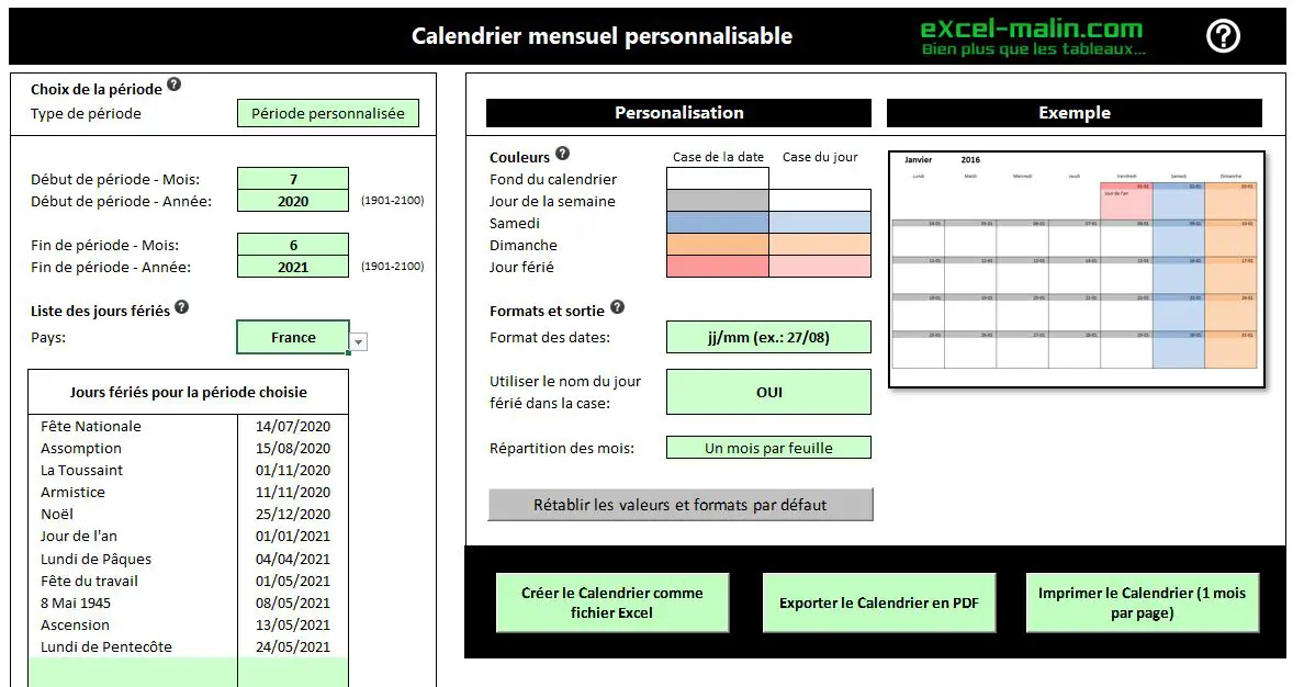 Calendrier mensuel Excel - gratuit, pratique & personnalisable