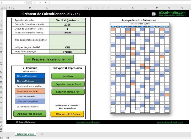 Calendrier 2018 Excel annuel (interface) Calendrier 2018 Excel annuel (interface)