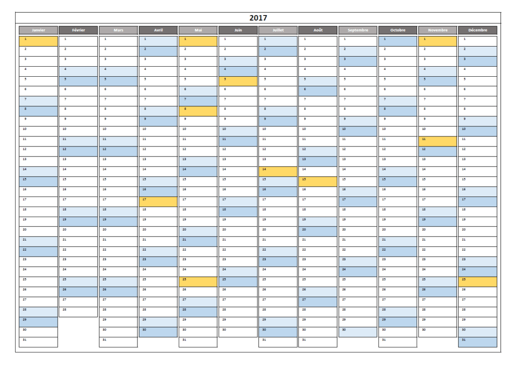 Calendrier 2017 Excel (horizontal) Calendrier annuel 2017 Excel (annuel) - congés France, horizontal