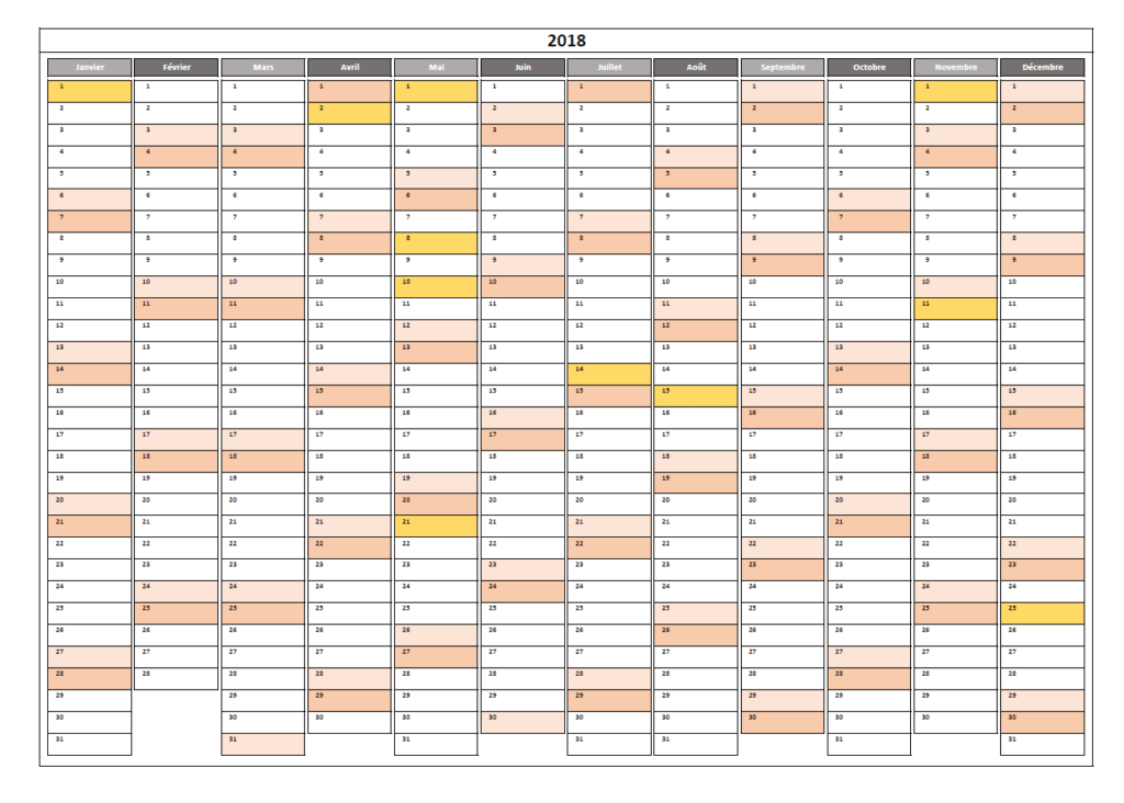 Calendrier 2018 Excel annuel (horizontal) Calendrier 2018 Excel annuel - congés France, horizontal