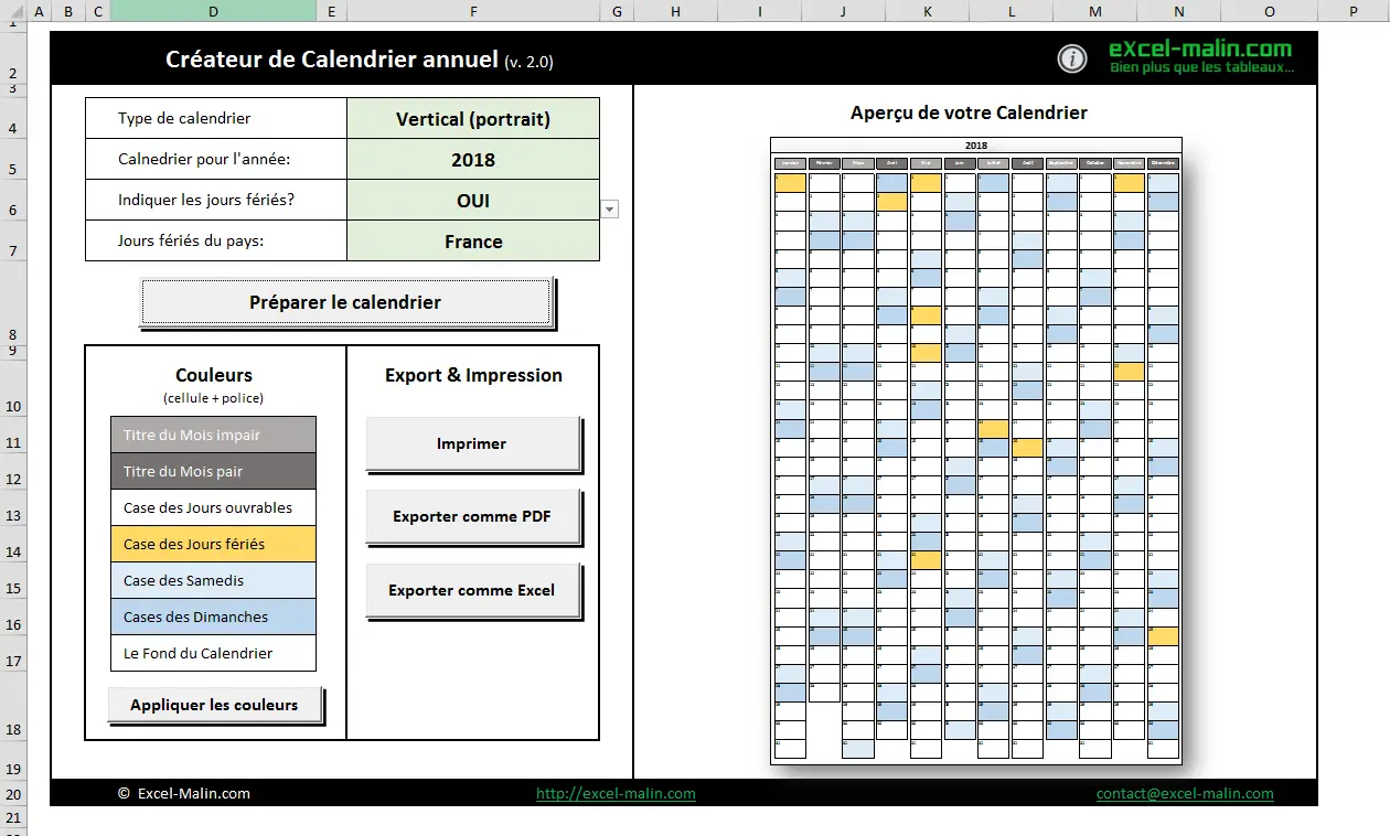 Calendrier 2018 Excel Modifiable Et Gratuit Excel Malincom