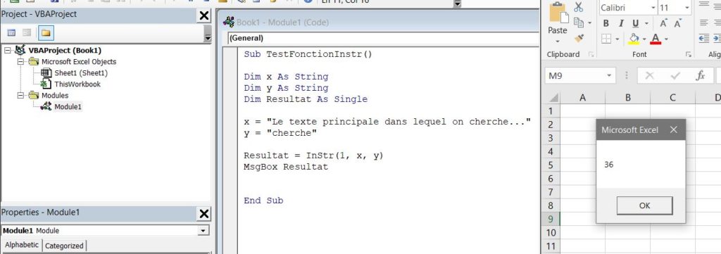 Fonction VBA InStr: exemple d'utilisation: Résultat