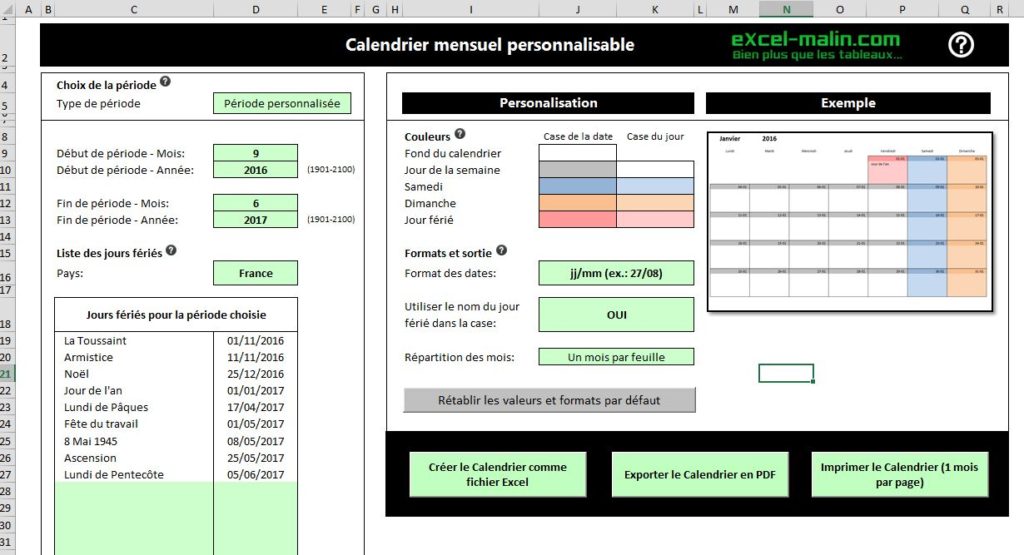 Calendrier scolaire 2016-2017 mensuel: création