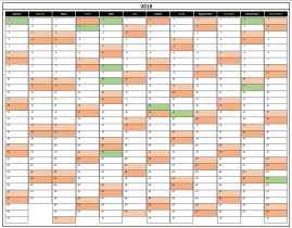 Calendrier 2018 Excel - horizontal avec fériés en France