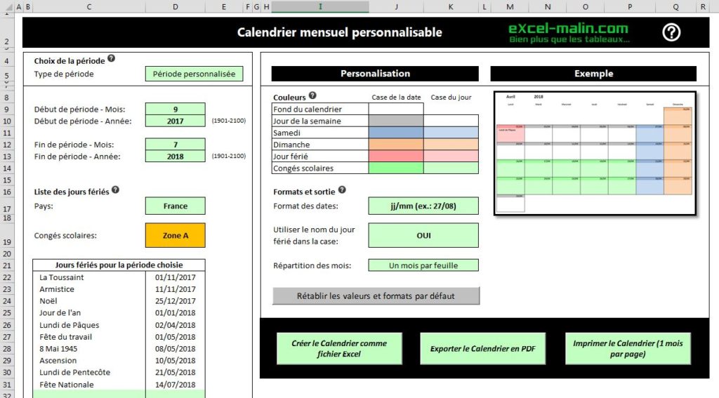 Calendrier scolaire 2017-2018: aperçu du générateur