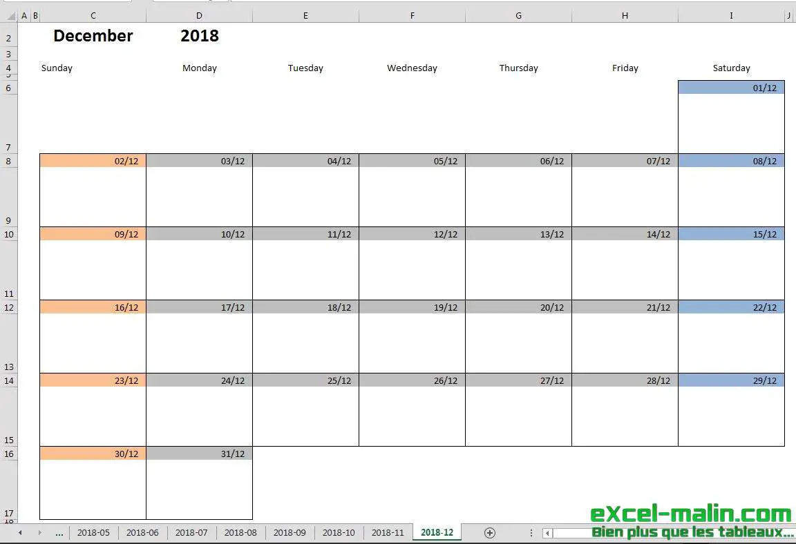 Printable monthly calendar template for Excel Excel Malin com