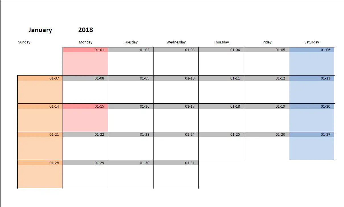 Printable Monthly Calendar Template For Excel