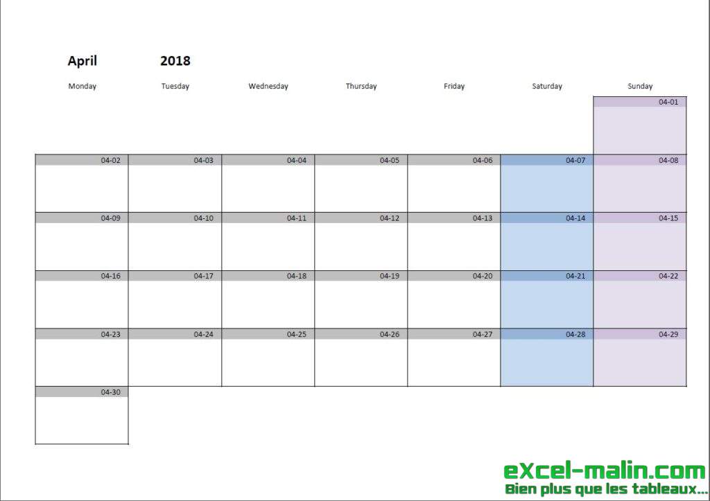 Printable monthly calendar template for Excel | Excel-Malin.com