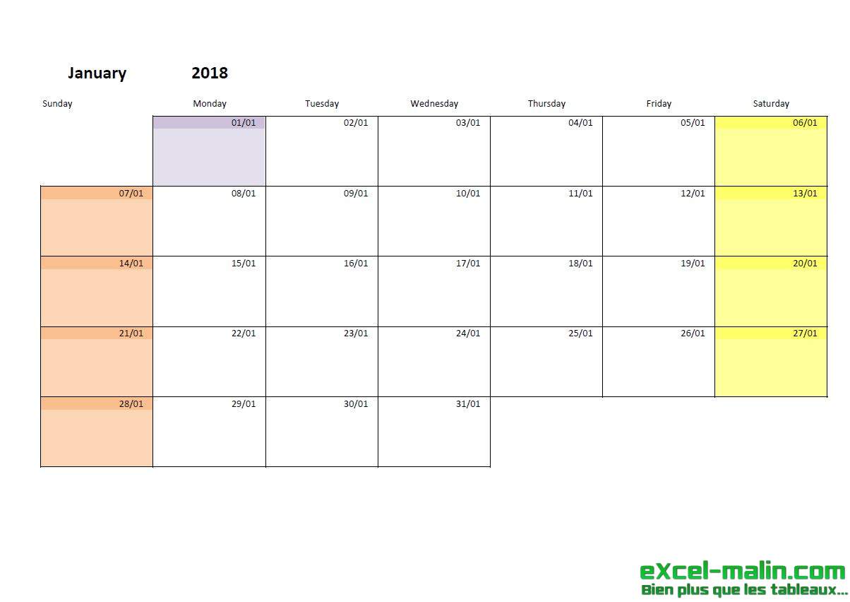 Printable Monthly Calendar Template For Excel