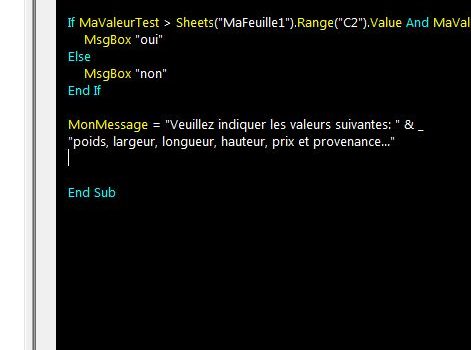 Éditeur VBA: code continue sur nouvelle ligne