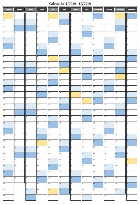 Calendrier 2019 Excel annuel (vertical) Calendrier 2019 Excel annuel (vertical)