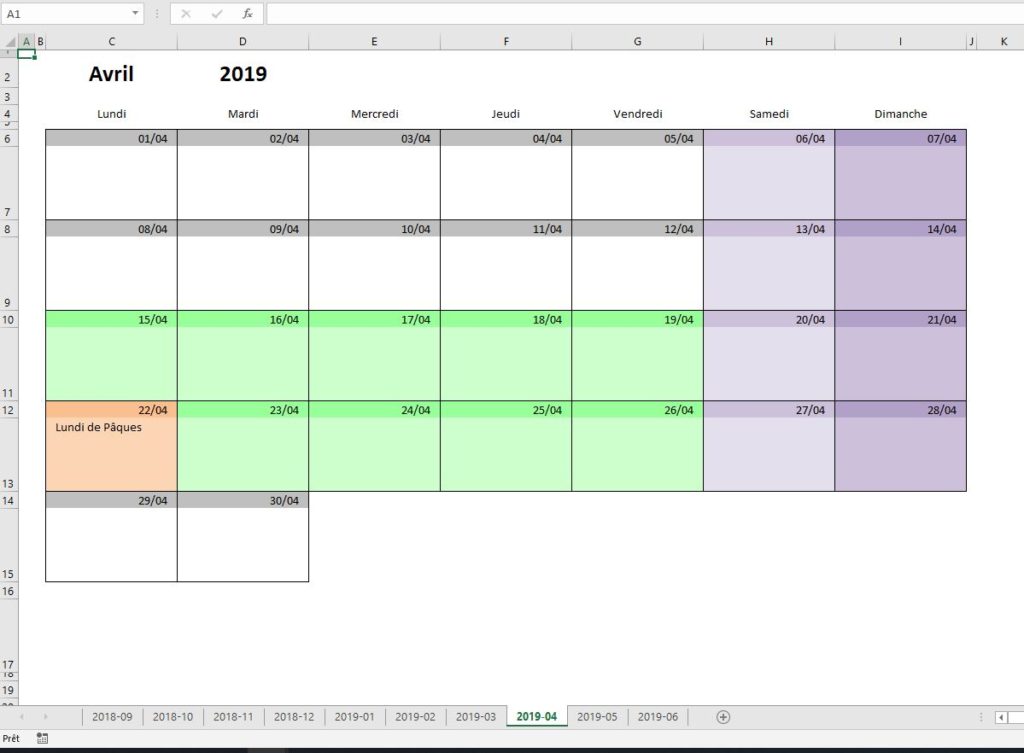 Calendrier scolaire 2018-2019 Excel / PDF: aperçu du mois