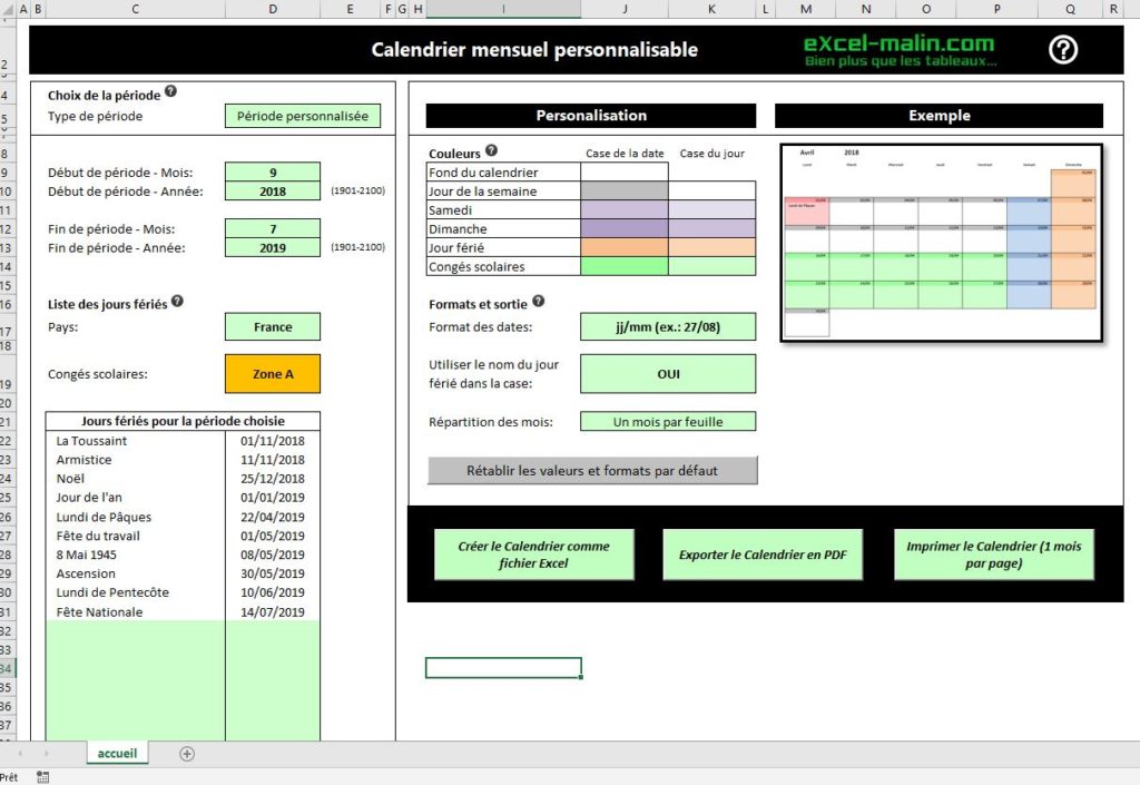 Calendrier scolaire 2018-2019 mensuel: création
