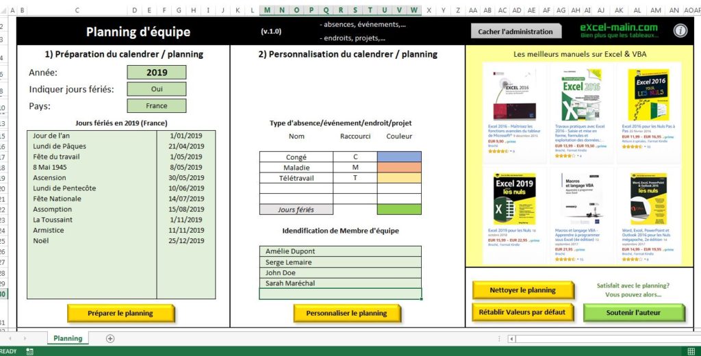 Planning d'équipe Excel: Administration