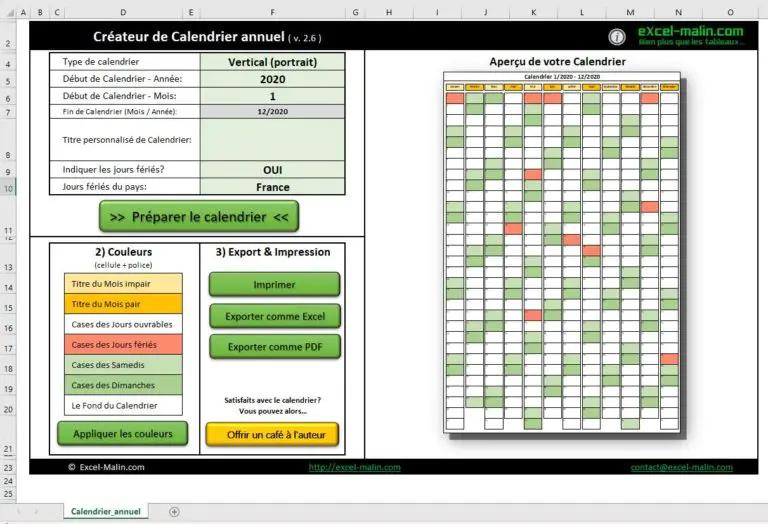 Calendrier 2020 Excel modifiable et gratuit  ExcelMalin.com
