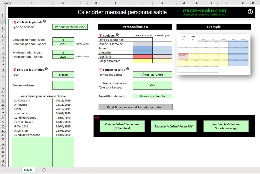 Calendrier scolaire 2018-2019 mensuel: création Générateur des calendriers scolaires 2019-2020