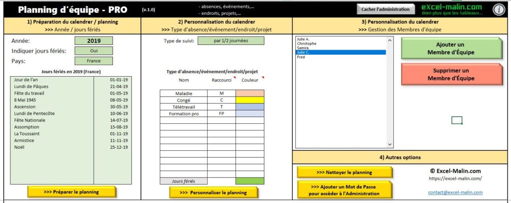 Planning d'équipe en Excel: Administration