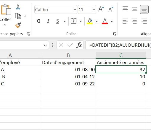 Calcul de l'ancienneté en Excel