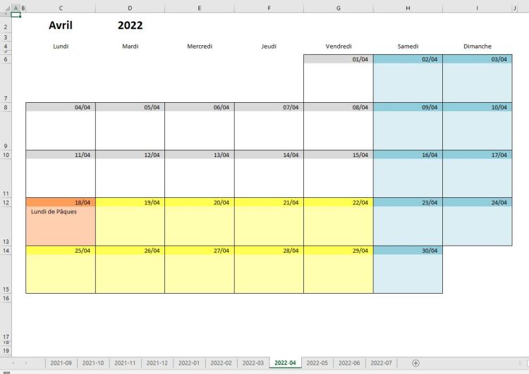 Calendrier scolaire France - exemple du mois