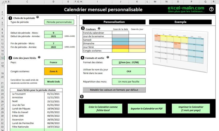 Calendrier scolaire 2021-2022 (générateur)