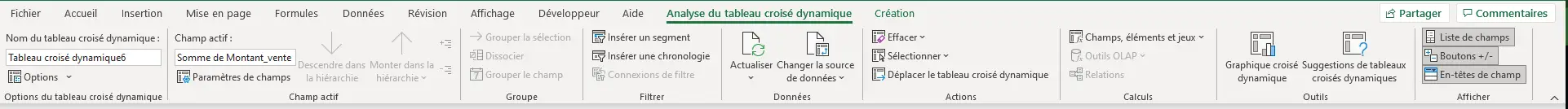 Onglet "Analyse du tableau croisé dynamique" Onglet "Analyse du tableau croisé dynamique"