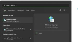 Menu Windows: recherche de 'options internet'