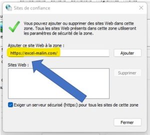 Windows: ajout d'un site internet de confiance