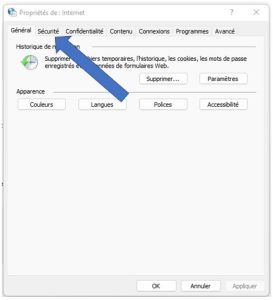 Options Internet: volet 'sécurité'