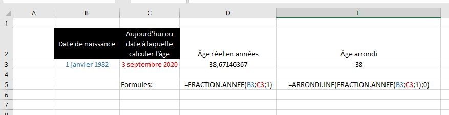 Calculer l'âge actuel en Excel avec la fonction FRACTION.ANNEE