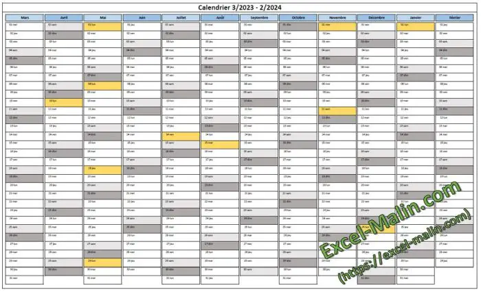 Calendrier annuel Excel 2023 (format paysage) - exemple: 03/2023 à 02/2024 Calendrier 2023 (portrait): Exemple