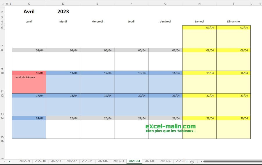 Calendrier scolaire France - exemple du mois