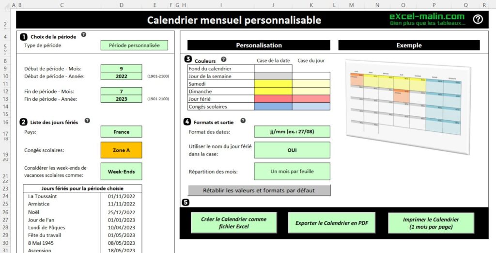 Calendrier scolaire 2022-2023 personnalisable Excel & PDF (générateur)