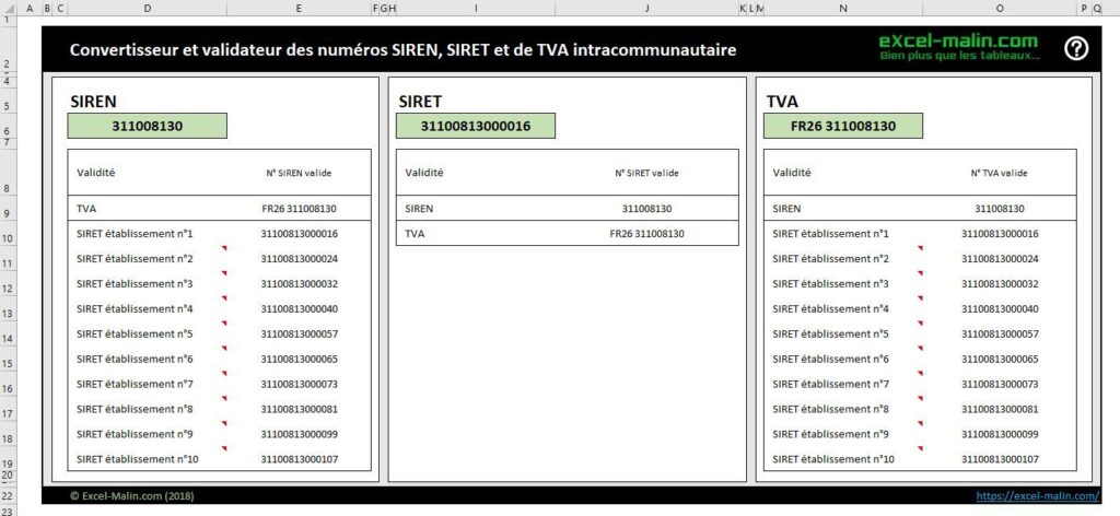 Excel: Convertisseur SIRET, SIREN et TVA