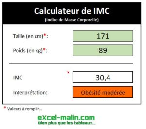 Calcul IMC (Indice de Masse Corporelle) dans Excel: exemple n°2 Calcul IMC (Indice de Masse Corporelle) dans Excel: exemple n°2