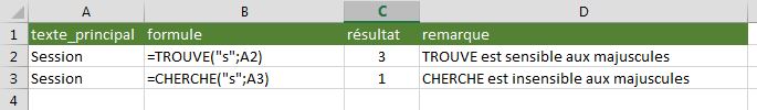 Excel: fonction TROUVE et CHERCHE exemple 1