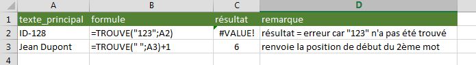 Excel: fonction TROUVE exemple