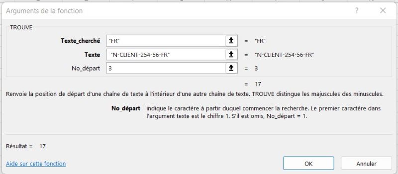 Fonction Excel TROUVE: argument "NO_DEPART"