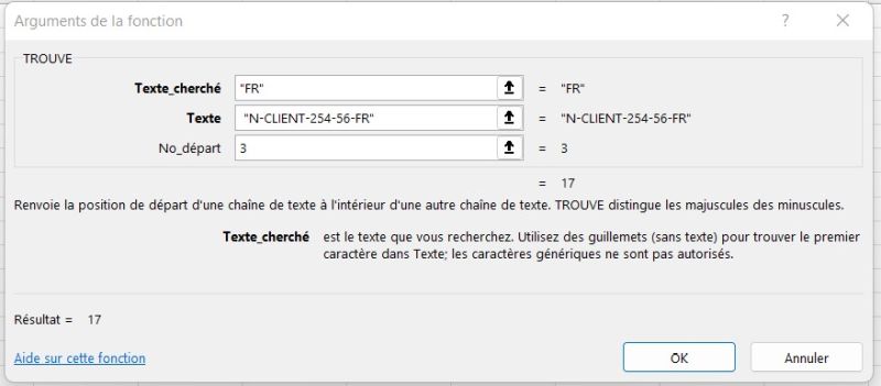 Fonction Excel TROUVE: argument "TEXTE_CHERCHE"
