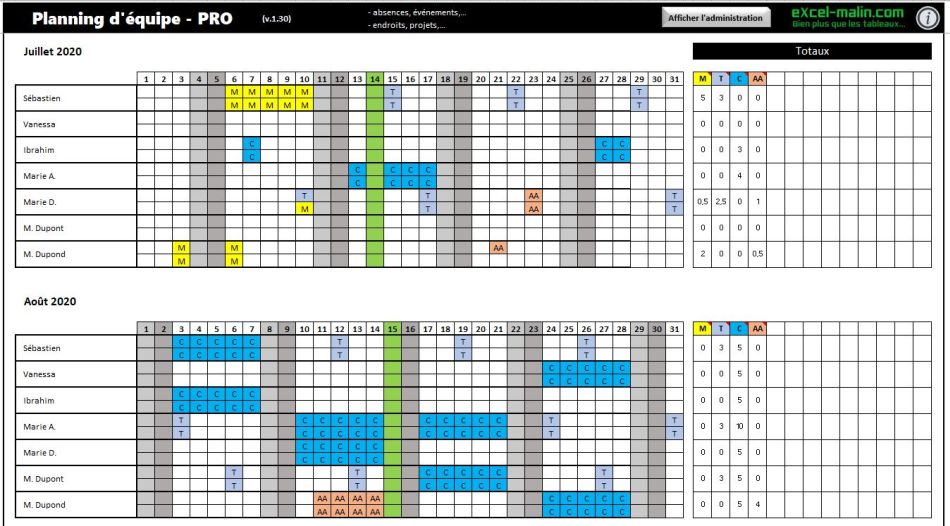 Planning d'équipe en Excel: Exemple des journées complètes