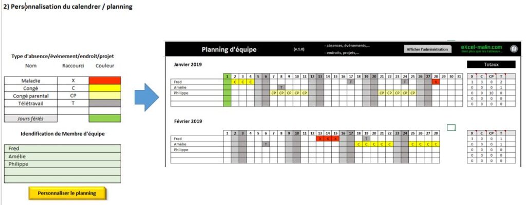 Planning d'équipe Excel: utilisation pour les absences et congés