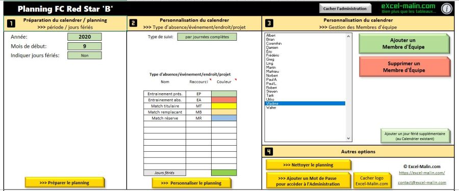 Planning d'équipe sportive en Excel: Administration