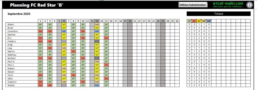 Planning d'équipe sportive en Excel: Exemple du mois