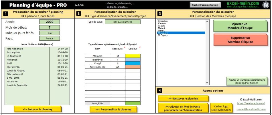 Planning d'équipe Excel