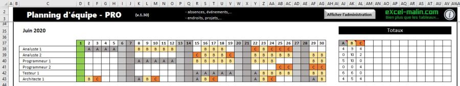 Planning d'équipe en Excel: Exemple des journées complètes