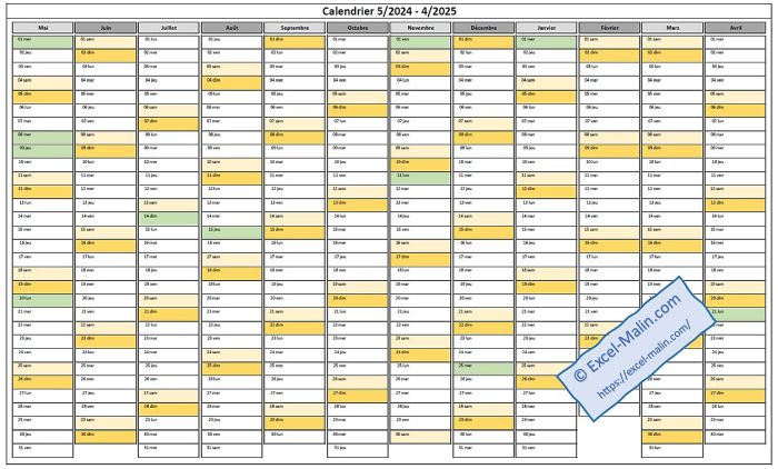 Calendrier annuel Excel 2024 (format paysage) - exemple: 05/2024 à 04/2025 Calendrier 2024 (portrait): Exemple