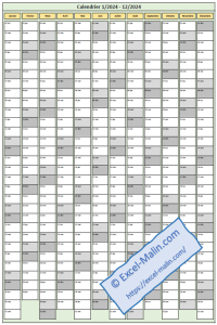 Calendrier Excel 2024 vertical multi couleur Calendrier 2024 à imprimer vertical multi couleur