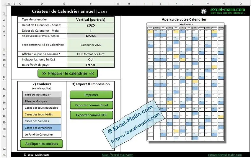 Calendrier 2025 Excel (aperçu du générateur)