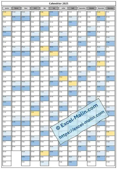 Calendrier 2025 Excel (format vertical)