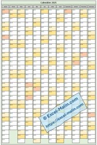 Calendrier vertical 2025 Excel (Canada)