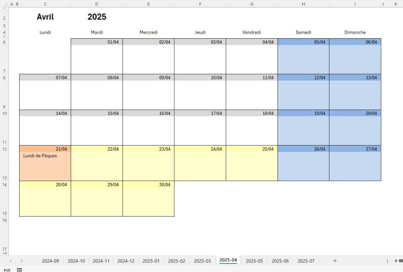 Calendrier scolaire 2024-2025 Excel - exemple d'un mois